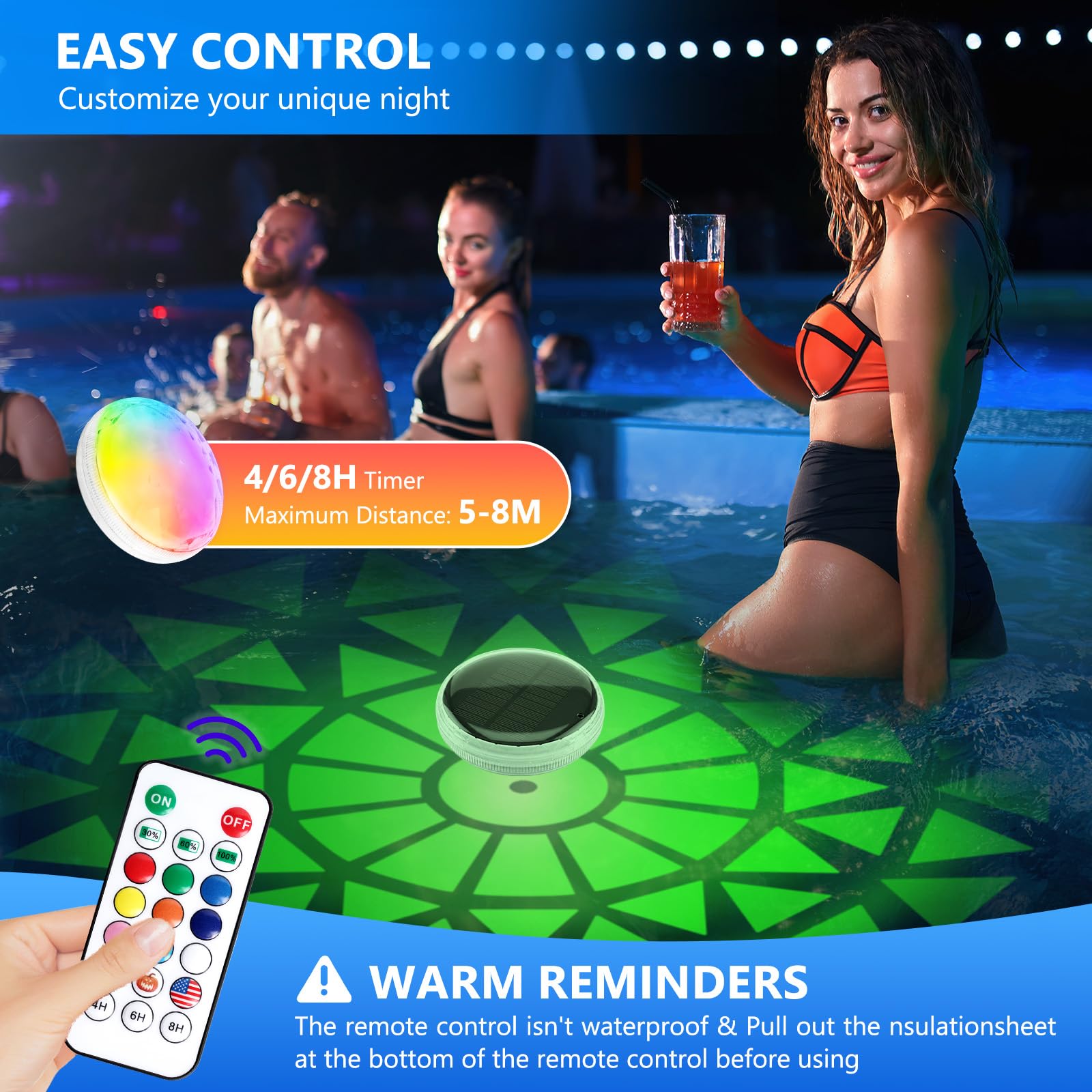 Lustaled Poolbeleuchtung Unterwasser mit Fernbedienung,Farbwechsel Schwimmende Teichbeleuchtung,IP67 Wasserdicht Solar Pool Licht für Brunnen, Teich, Aquarium, Party Deko-2 Stück