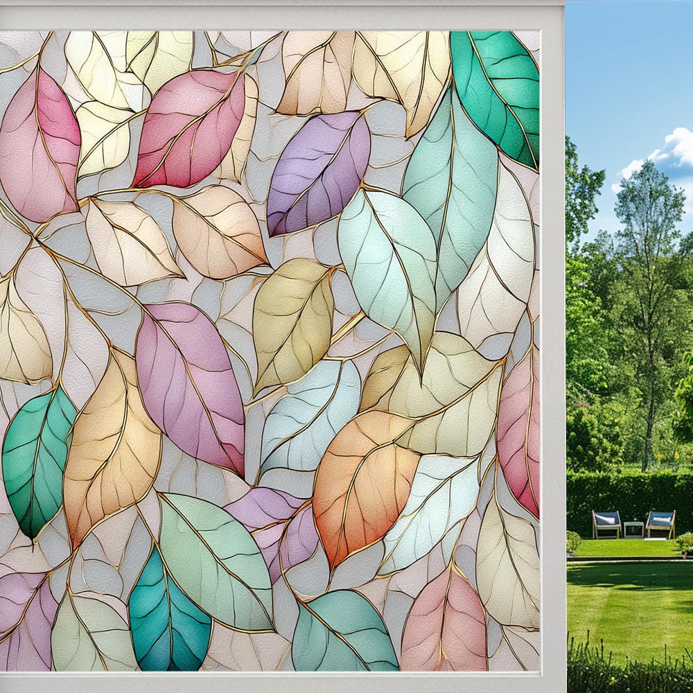 Natural Leaf Stained Glass Window Film, Retro Botanical Branch Peel and Stick Privacy Film, Frosted Adhesive Vinyl Decorative for Bathroom Windows Glass Doors, （50x100cm）