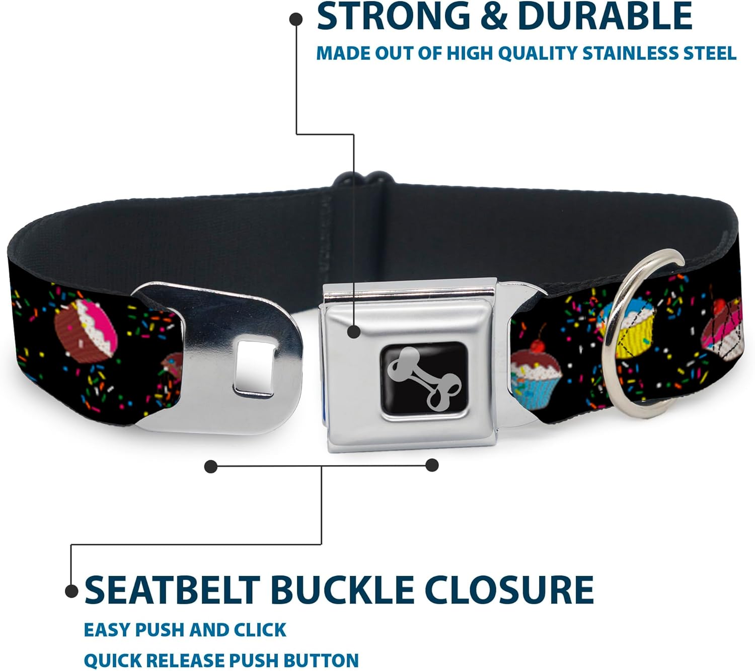 Buckle-Down Seatbelt Buckle Dog Collar - Cupcake Sprinkles Black/Multi Color - 1" Wide - Fits 11-17" Neck - Medium