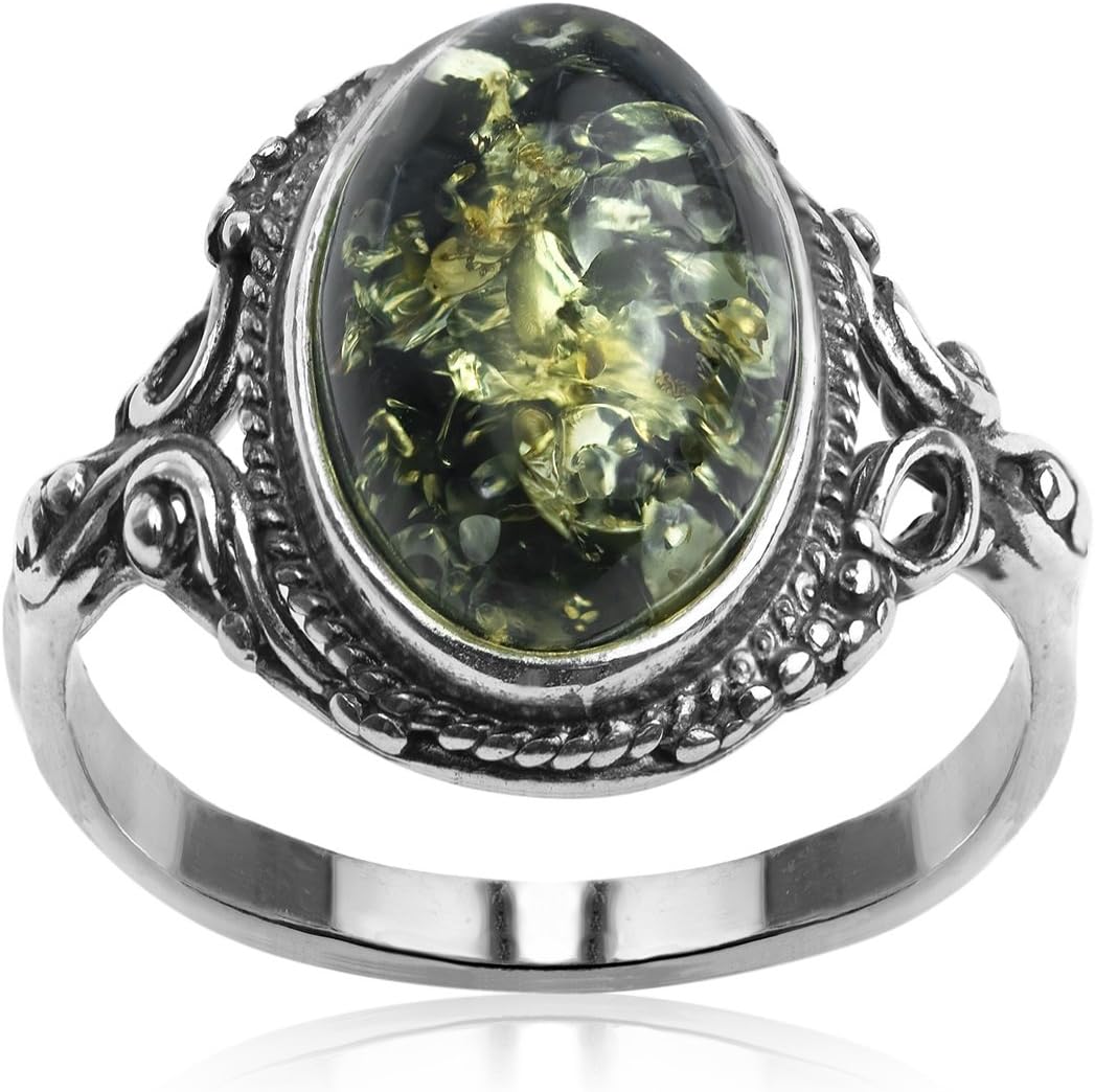 Sterling Silver Dark Green Amber Oval Ring