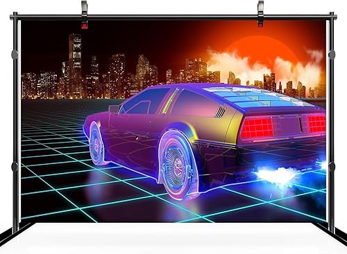 Miniatura 3 de Telón de fondo de auto Cyberpunk de 5 x 4 pies, diseño retro futurista de Ciudad Cibernética Cibernética Rascacielos Luna Roja Punk, Fondo de coche