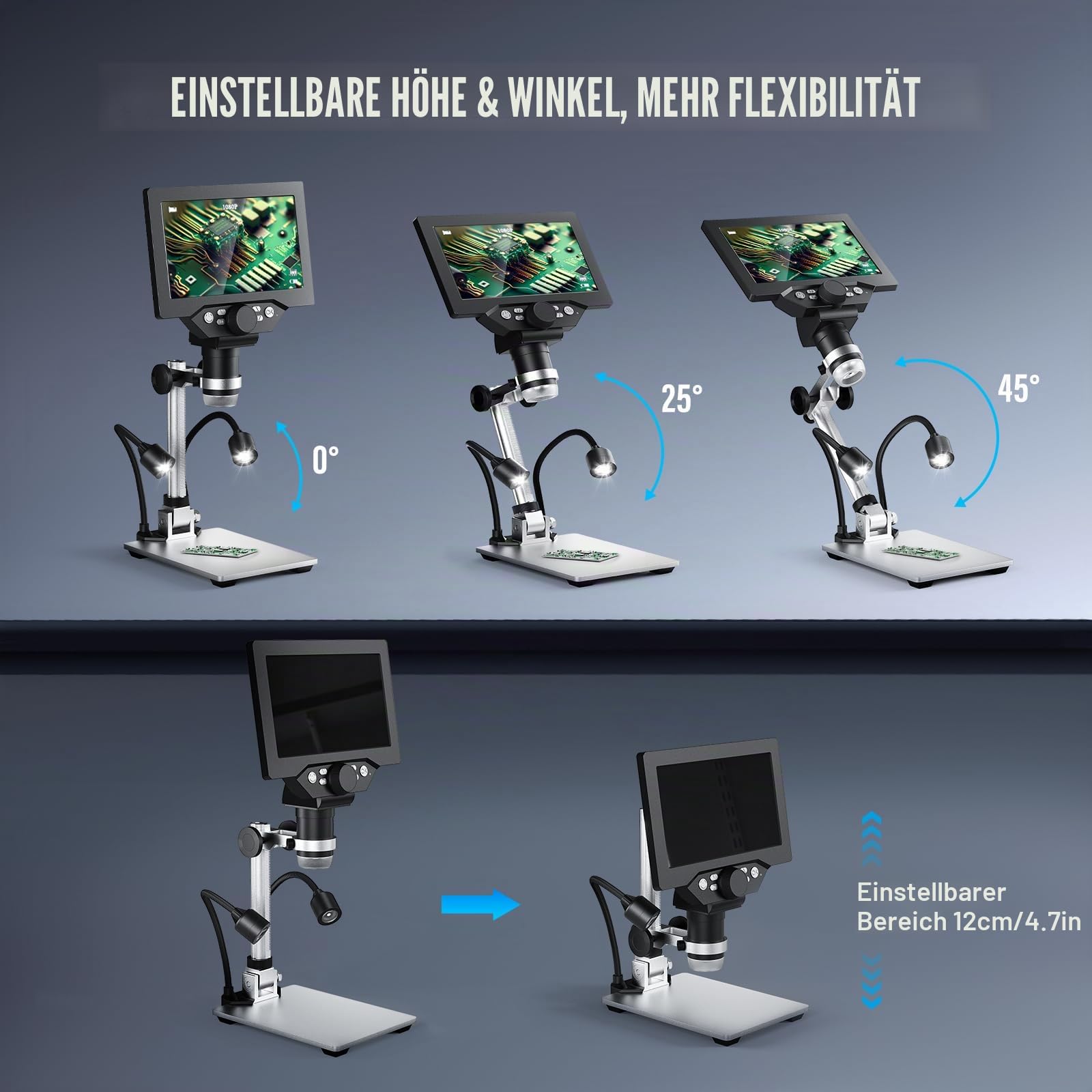 7 Zoll Digital Mikroskop, 1200X Vergrößerung 12MP 1080P Aufnahme mit 8 Verstellbaren LED Leuchten, IPS Bildschirm, PC Verbindung für Lötarbeiten, Wissenschaft, Kompatibel mit Windows