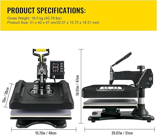 Vista 26 de VEVOR Prensa de calor 5 en 1, máquina de prensa de calor de 15 x 15 pulgadas con prensa de vaso, rotación de 360°, control digital oscilante