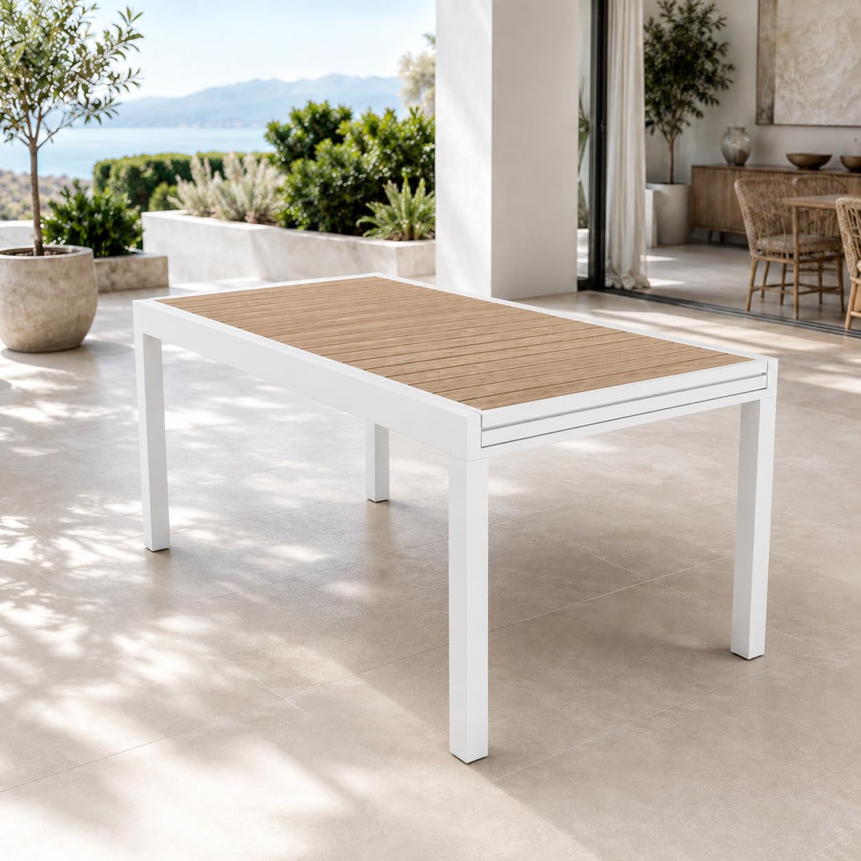 Tavolo USTICA Allungabile 135/270 cm Alluminio e Effetto Legno (Bianco)