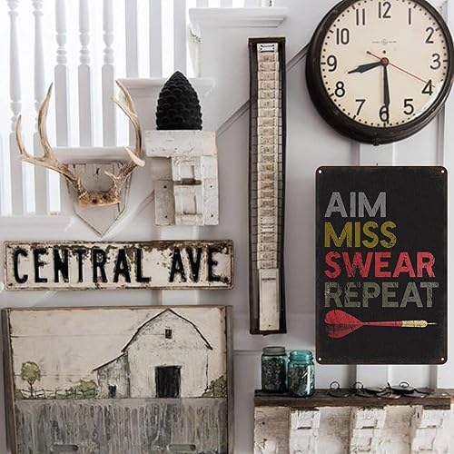 Miniatura 9 de Póster de metal con letrero de estaño de dardos – Aim Miss Swear Repeat Funny Wall Art – Retro Man Cave Garage Bar Game Room Decor – Decoración
