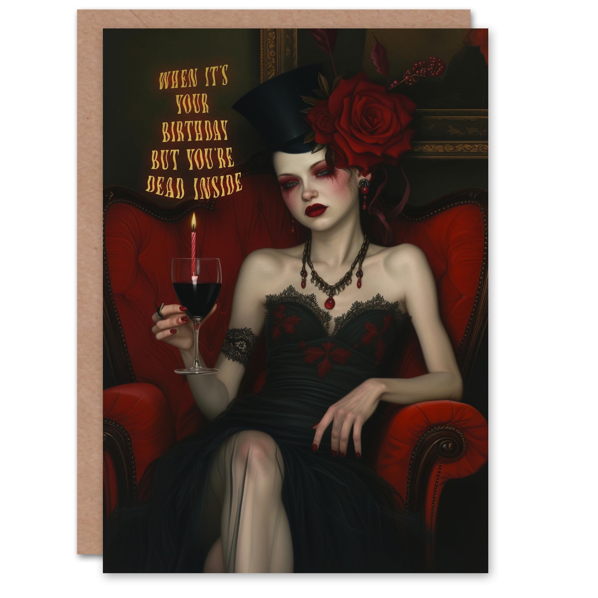 Artery8 Birthday Card - Funny Horror Goth Lady Portrait - Red