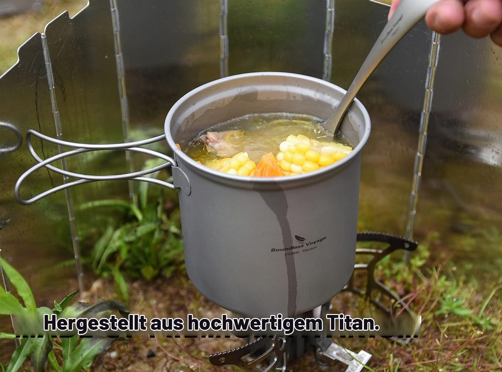 iBasingo Camping Topf & Pfannen Set Titan Kochgeschirr Set mit Klappgriff Outdoor Leichte Küche Kochutensilien Wandern Tragbare Schüssel Tasse Küchenutensilien Reise Picknick Geschirr