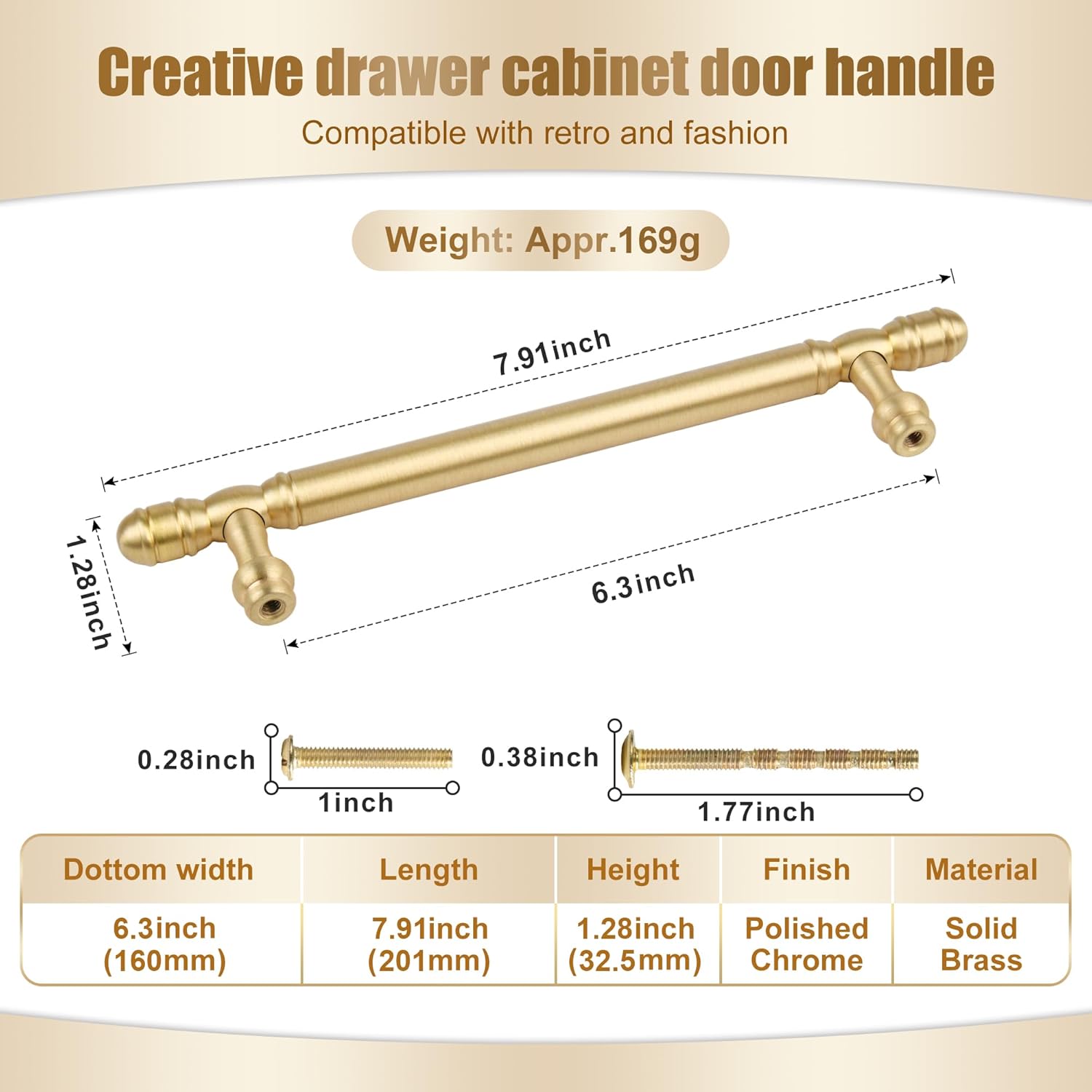 5 Pack Brushed Gold Solid Brass Cabinet Handles,Kitchen Drawer Pulls, 6-3/10 Inches Furniture Door Handles for Cupboard Bedroom Wardrobe(Antique)
