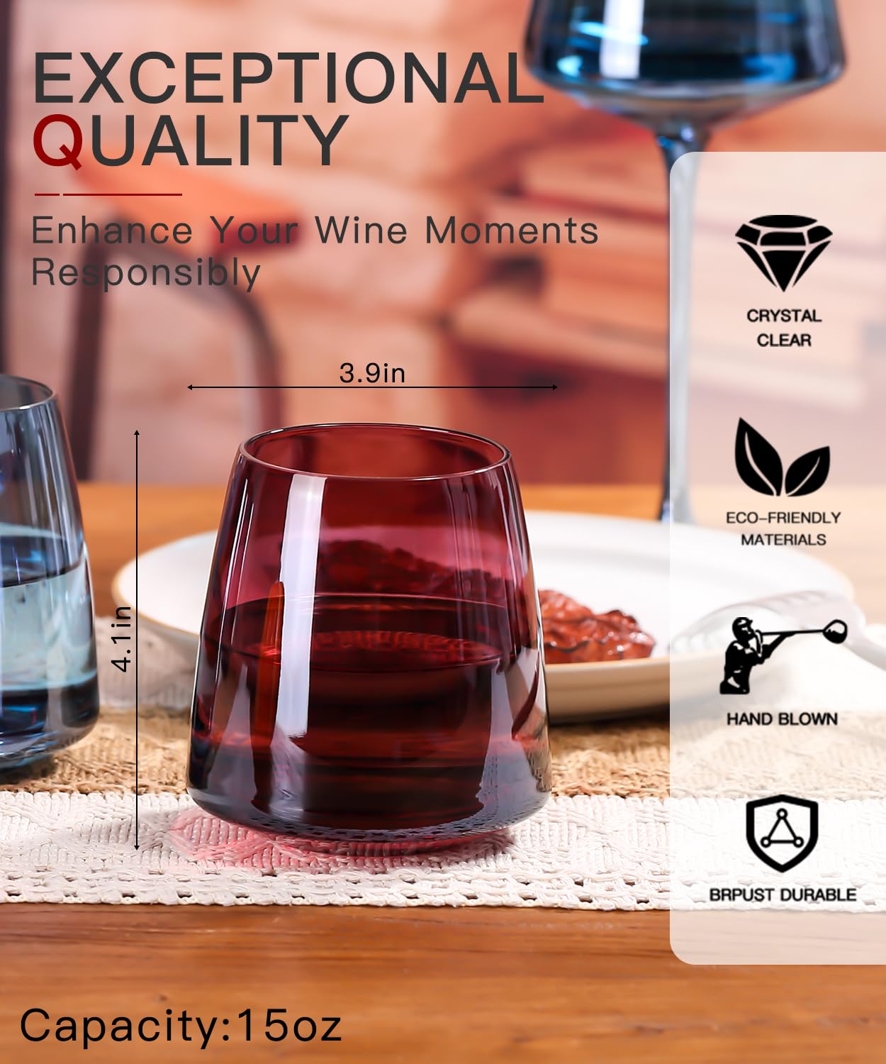 comfit Farbige Weingläser ohne Stiel, 170-425 ml, perfektes Rotweinglas, Stielglas für Weinliebhaber zur Hochzeit, Verlobung, Geschenk