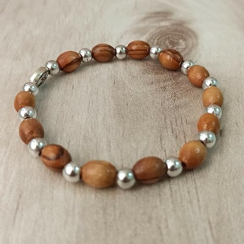 Miniatura 3 de Pulsera Jerusalén Madera de Olivo Rosario Cruz Tierra Santa Cuentas hechas a mano Católica, Plata, Sin gemas.
