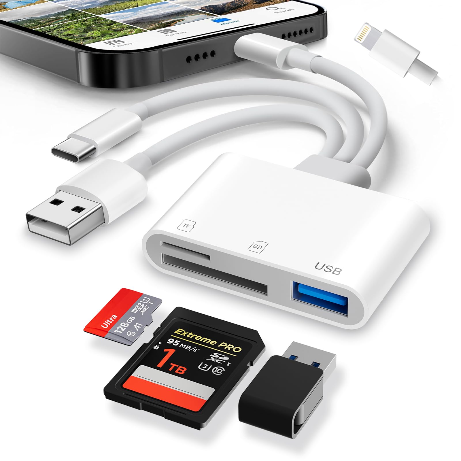 3-Port SD Card Reader for iPhone with Lightning/USB-C/USB-A Connectors, Memory Card Reader with SD, Micro SD and USB Slots, Digital Camera Adapter for iPhone, iPad, MacBook, Android, etc-image-49