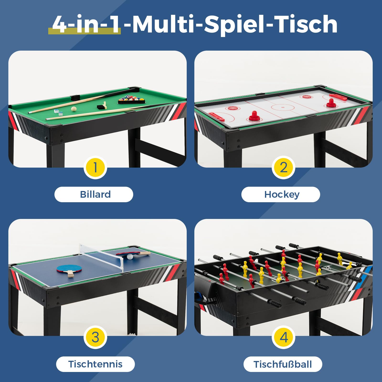 COSTWAY Multi Spieltisch, 4 in 1 Tischkicker mit Billard, Hockey, Tischtennis, Multifunktionstisch Tischfußball mit Zubehör, Kickertisch für Spielzimmer, Party, Bars, 125 x 97 x 83 cm