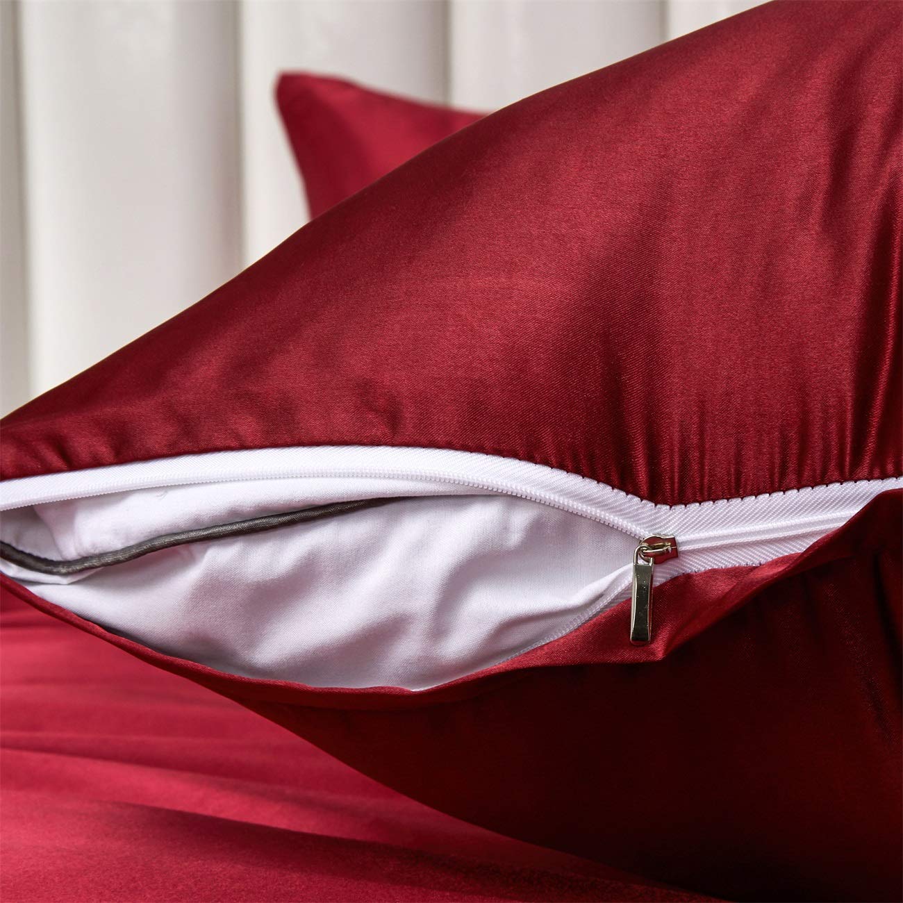 Funda de edredón de satén (220 x 240 cm), color rojo liso y brillante, juego de cama de satén suave, seda suave, ropa de cama para 2 personas adultas con cremallera y fundas de almohada de