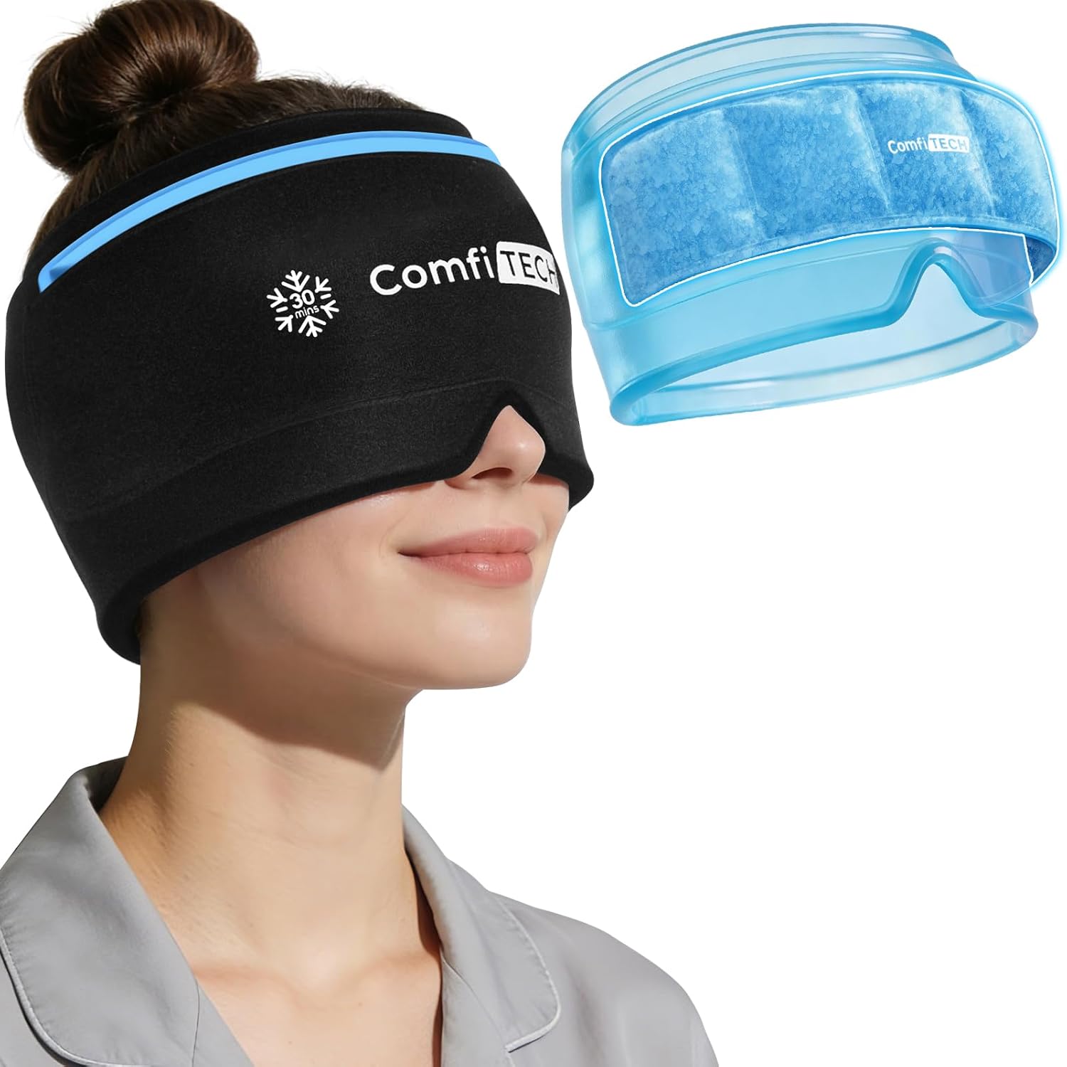 ComfiTECH Dual-Gel Migraine Relief Cap Extended 30-Min Cooling, Detachable Cold Pack & Flexible Gel Head Ice Wrap Face Mask Soothing for Headache, Sinus, Puffy Eyes, Tension and Stress