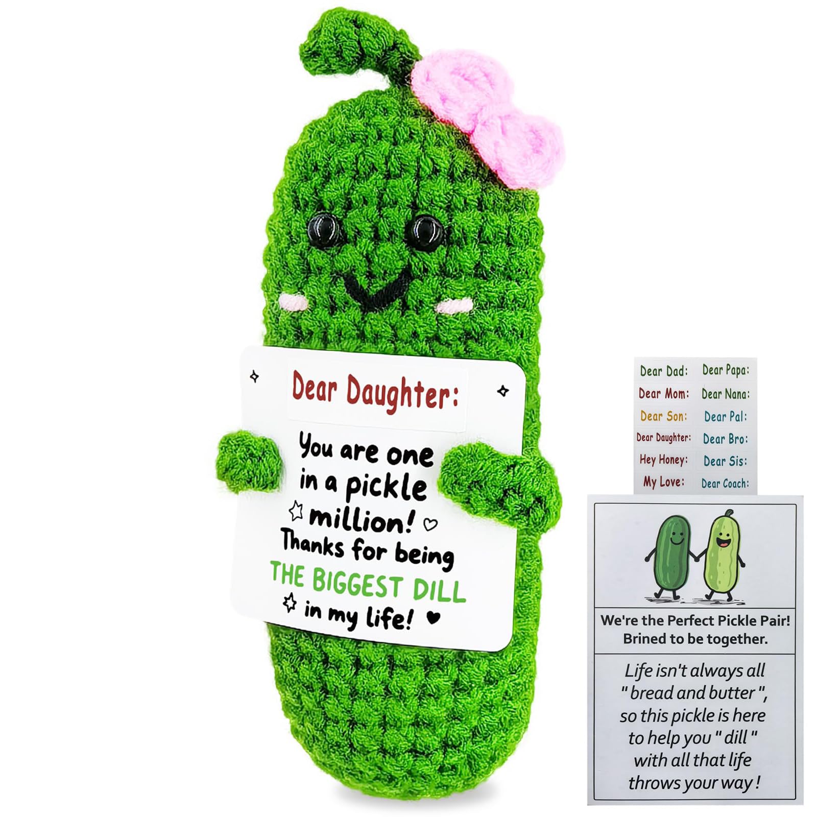 ALUNME Handmade Crochet Pickle Plush Doll with Perfect Pair Encouragement Card, Unique Funny Thanks Gifts for Him, Her, Boyfriend, Girlfriend, Couples-Anniversary (dear daughter) โ image 1