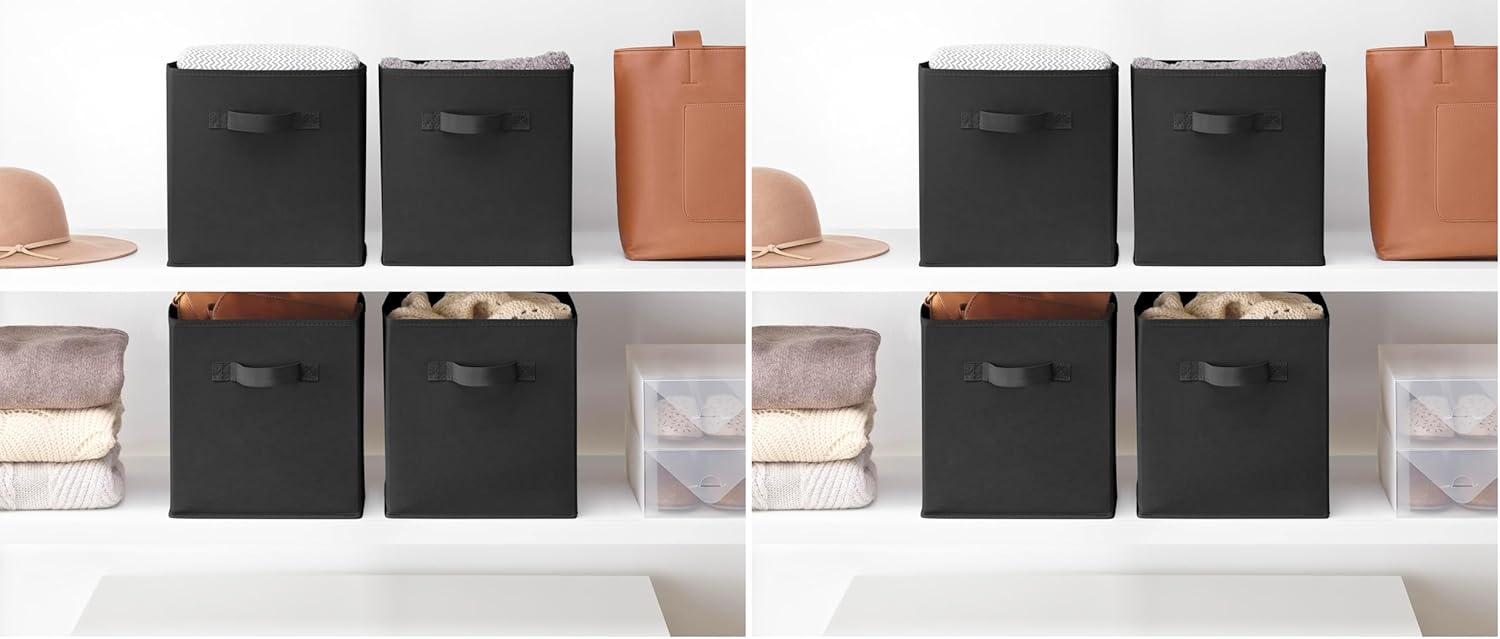 Whitmor 6 Pack 12 Inch Black Foldable Diamond-Patterned Faux Leather Storage Cube Bins with Handles – Ideal for Living Room, Bedroom & Office Organization