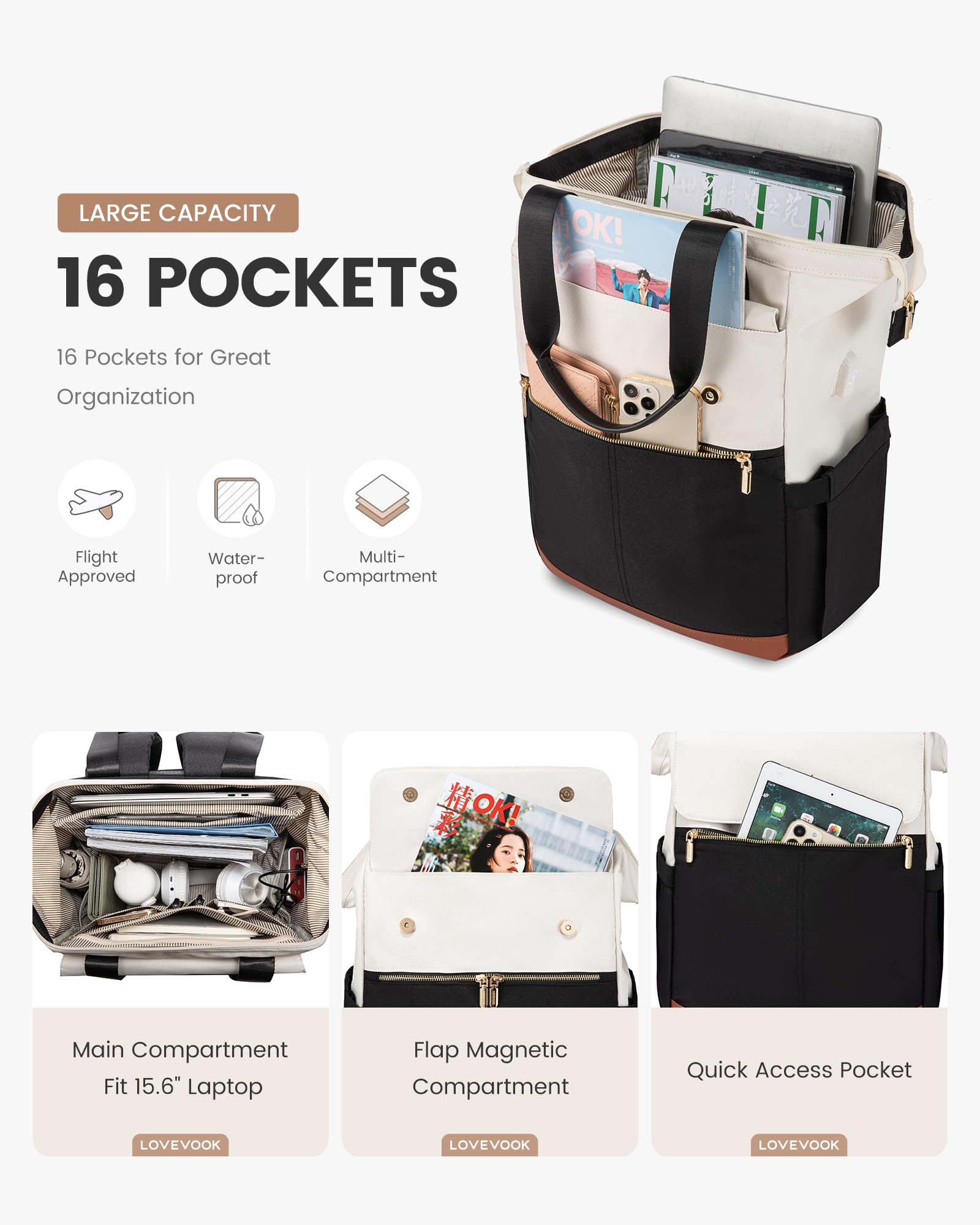 LOVEVOOK 15,6 Pollici Zaino Porta PC Donna, Zaino Lavoro Antifurto, Zaino da Università Impermeabile, Computer Backpack Capiente per Laptop con Porta USB per Viaggi, Docente, Ufficio, Scuola