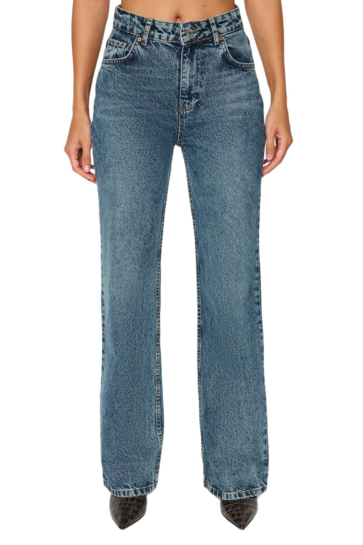 Trendyol Blue Pale Effect Vintage High Waisted Wide Leg Jeans Twoaw24je00089 - Dżins Kobiety