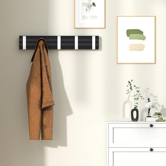 Wisfame Wall Coat Racks with 5 Folding Hooks,Modern Coat Hooks Wall Mounted,Space-Saving Coat Hanger for Entryway,Bedroom,Wall,Door(Black Silver)
