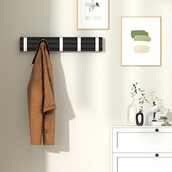 Wisfame Wall Coat Racks with 5 Folding Hooks,Modern Coat Hooks Wall Mounted,Space-Saving Coat Hanger for Entryway,Bedroom,Wall,Door(Black Silver)