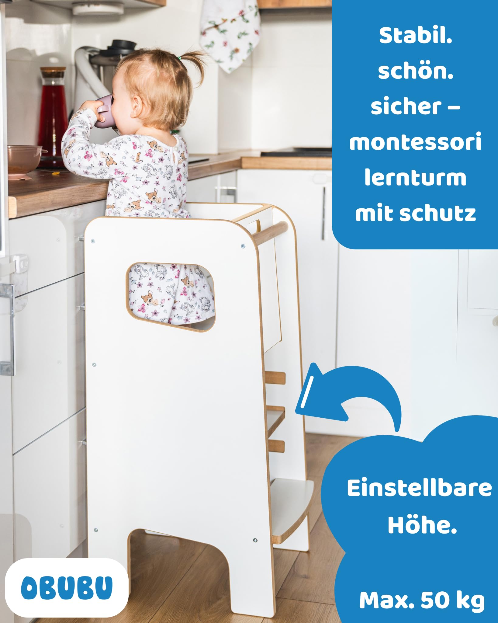 Montessori Lernturm für Kinder mit Riegel – weißer Küchenhelfer Tritthocker für Kleinkinder, sicher & geschlossen, mit Sicherheitsriegel, höhenverstellbar, Elternliebling, modern & stabil