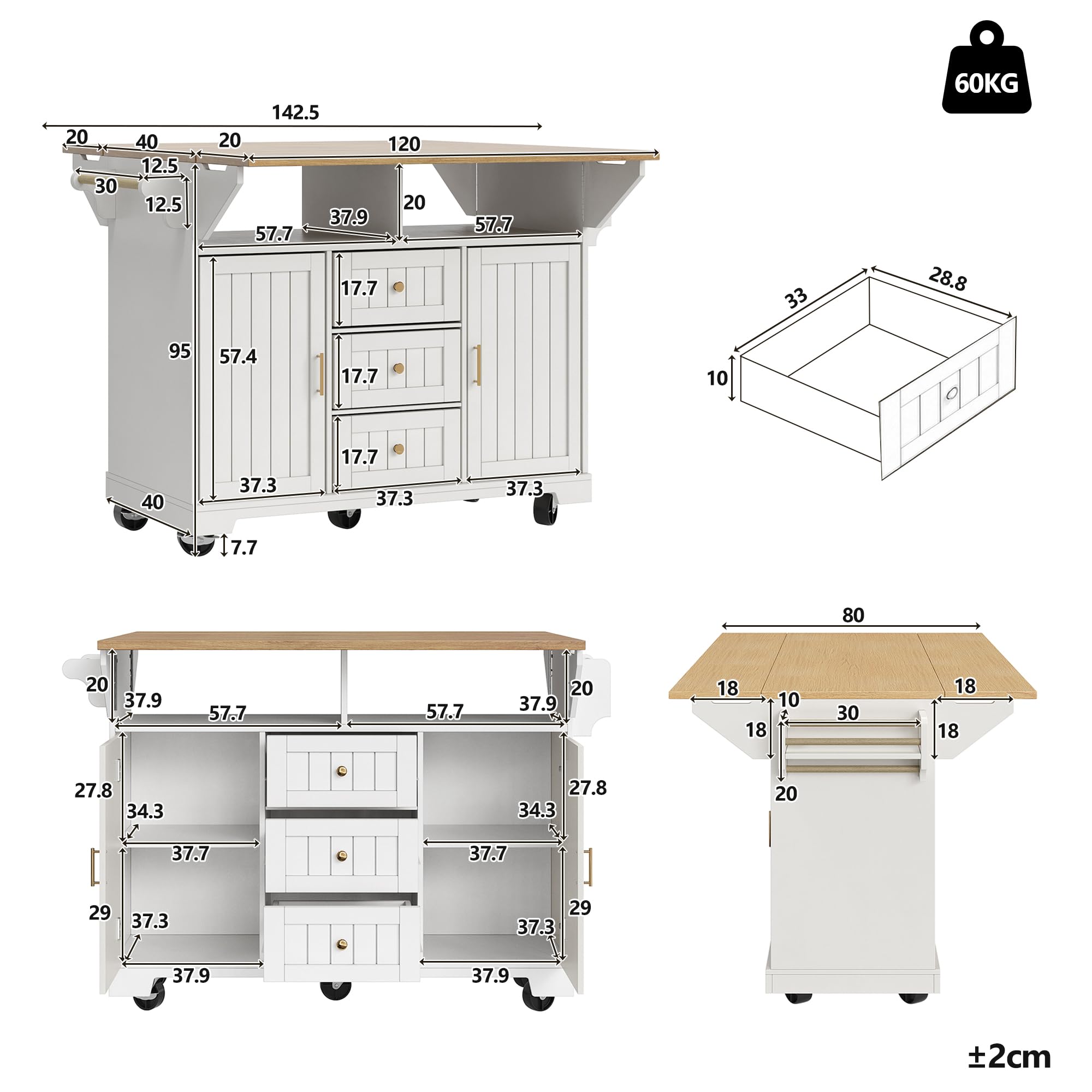 Sapgaks Îlot de Cuisine,Meuble,Buffet 120 x 40 (80) x 95 cm,Chariot de Cuisine Extensible à roulettes, Extensible des Deux côtés, avec Porte-Serviettes et étagère à épices,Trois tiroirs,(Blanc-4)