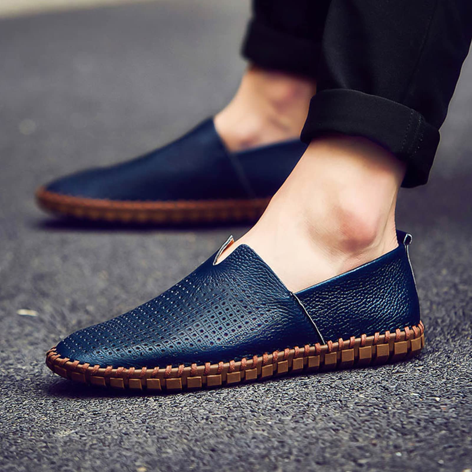 ANUFER Hombres Piel Genuina Mocasines Planos Ponerse Suave Suela Hecha A Mano El Verano Ahuecado Zapatos Casuales de Conducción