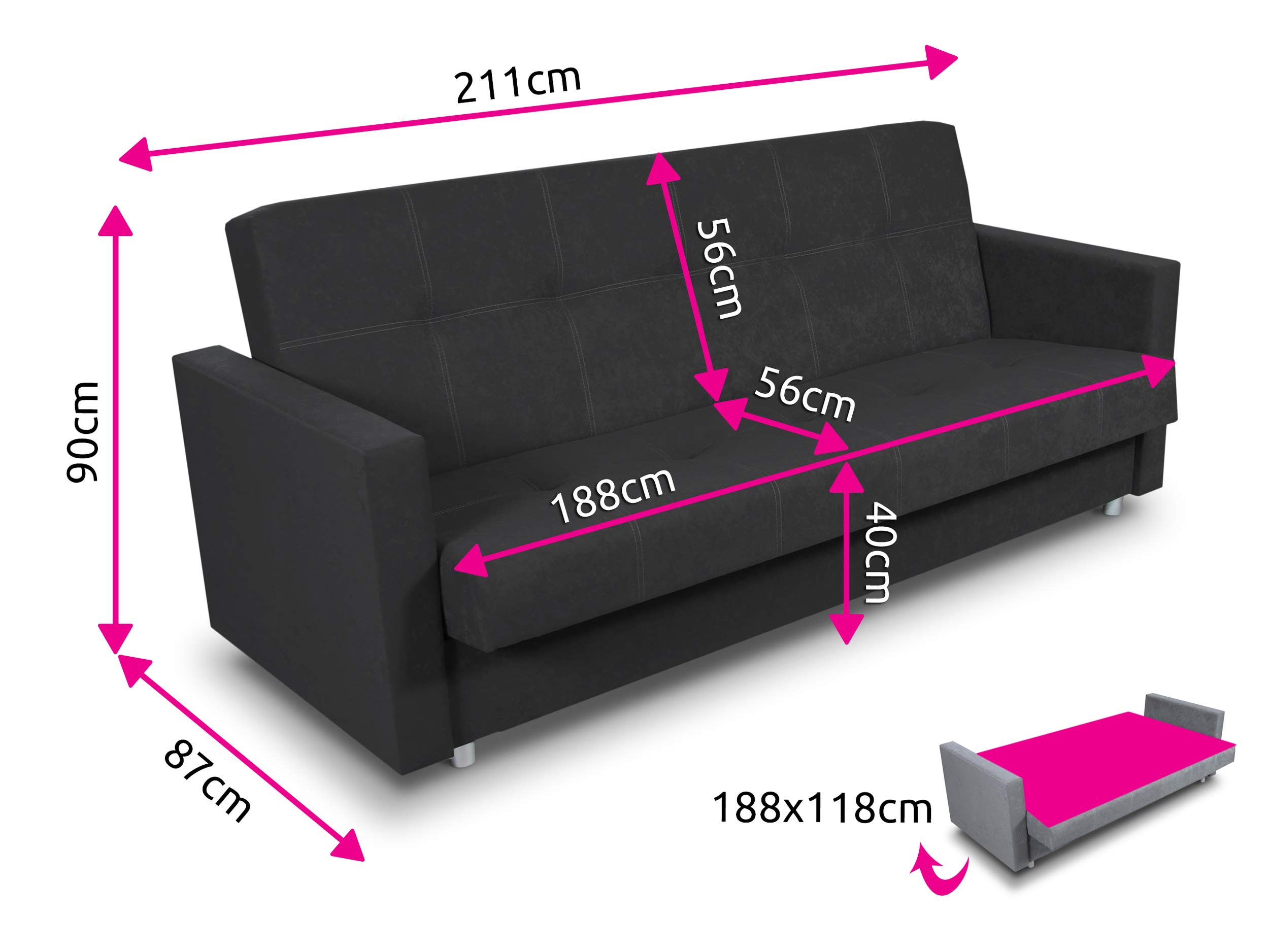 SuedineSchlafsofa Bettsofa Dave - Sofa mit Schlaffunktion und Bettkasten, Bett, Farbauswahl, Schlafcouch, Couch vom Hersteller, klick-Klack (Grau (Suedine 06))