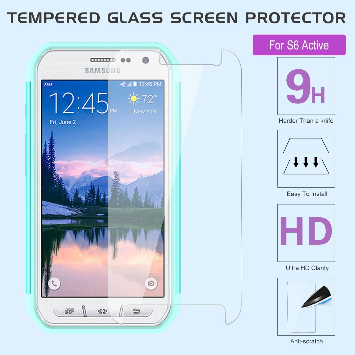 LeYi Galaxy S6 Active Glitter Case with Tempered Glass Screen Protector [2 Pack], Cute Girls Women Dual Layer Protective Phone Case for Samsung Galaxy S6 Active SM-G890 TP Mint (Not Fit Galaxy S6)