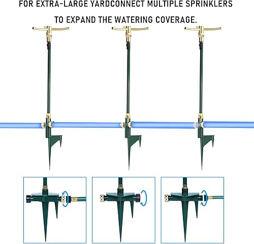 Miniatura 6 de Hourleey Aspersor de jardín de 3 brazos, paquete de 2 aspersores de césped de gran altura con base telescópica ajustable, rociadores de rotación de