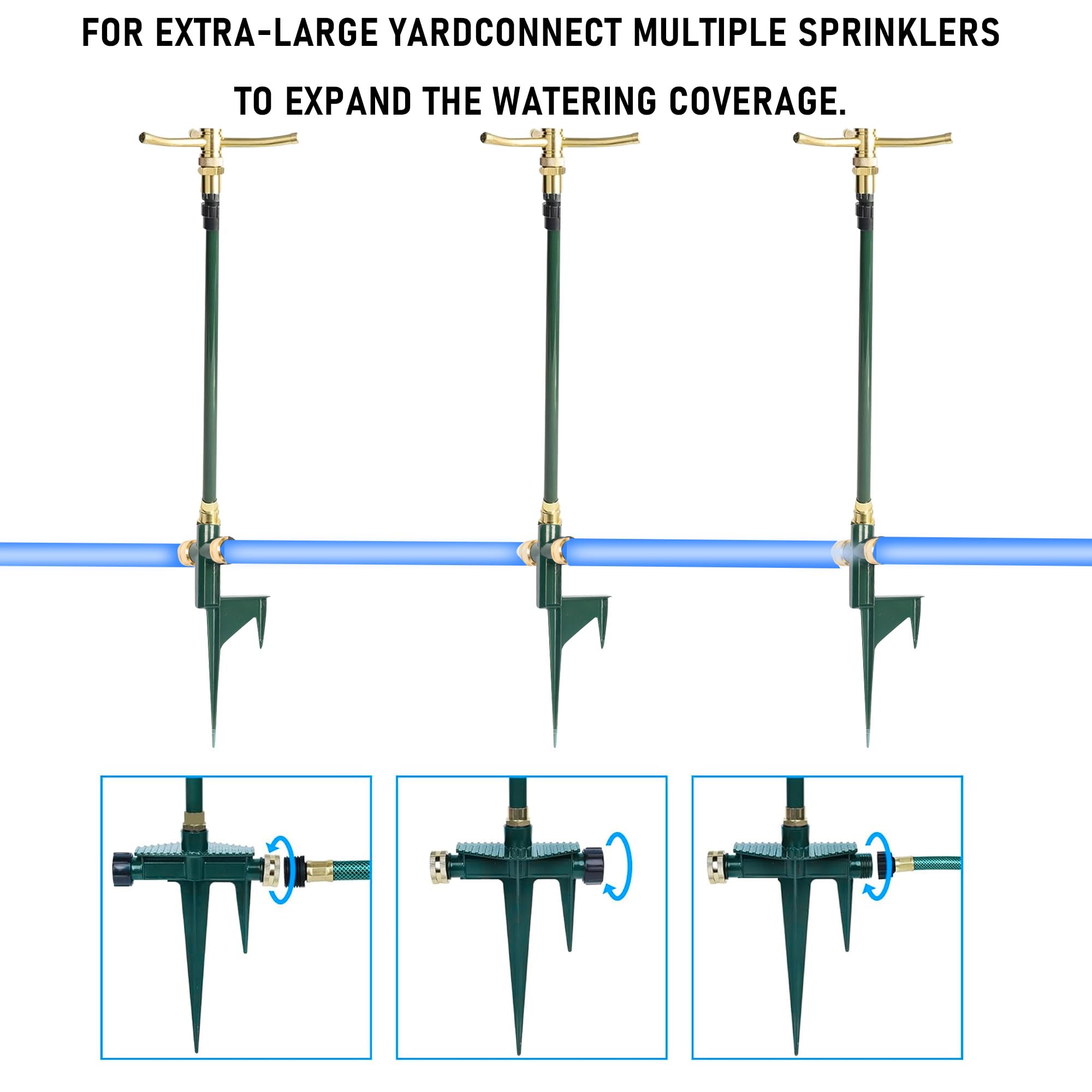 Hourleey Irrigatore da giardino a 3 bracci, confezione da 2 irrigatori per prato con base telescopica regolabile, rotazione di 360 gradi per una copertura di grandi aree, sistema di irrigazione del