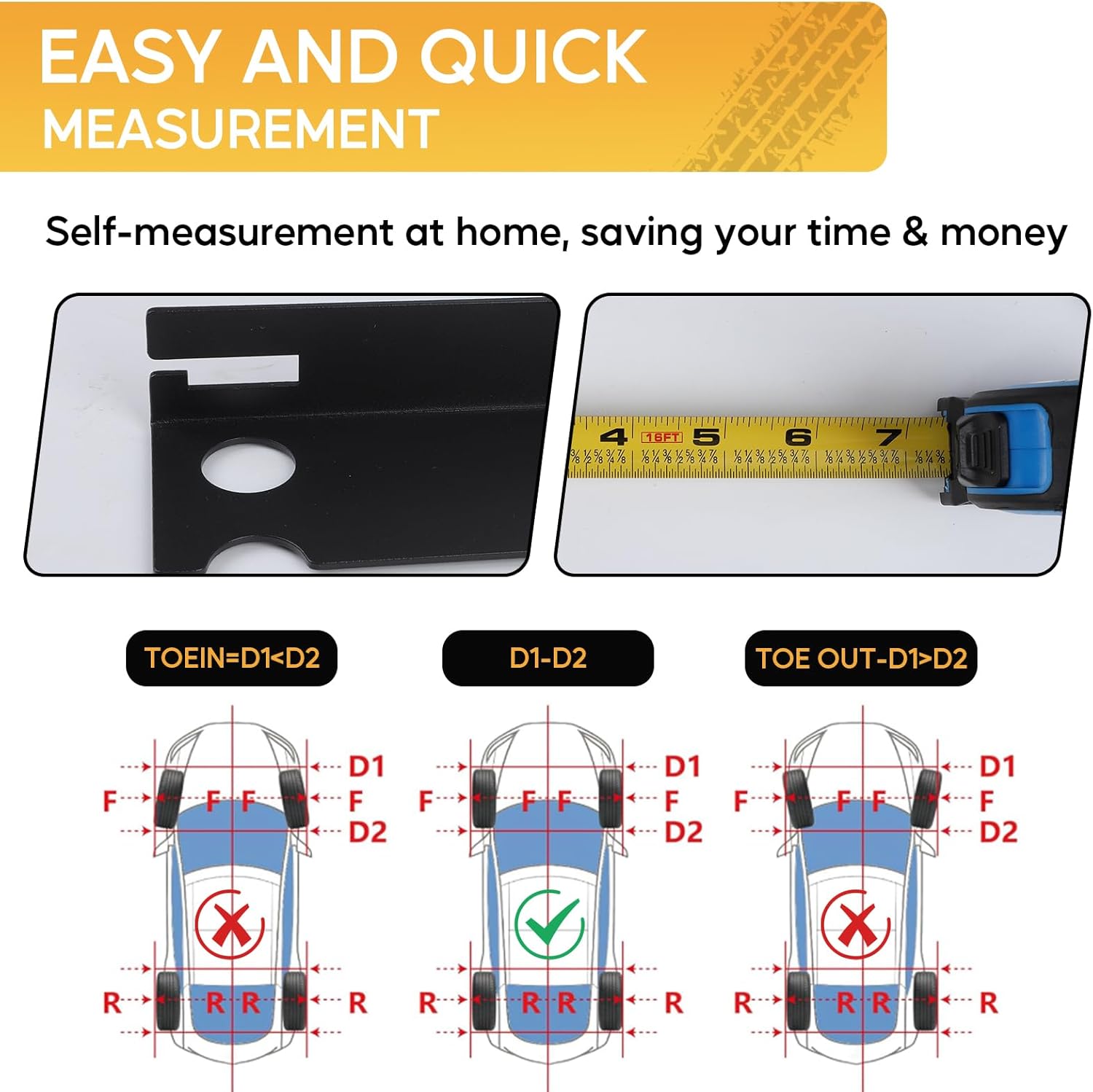 Upgraded Wheel Alignment Tool with 2 Imperial Tape Measure, 2 Heavy-Duty Toe Alignment Plates, No Caliper Removal Needed, Detachable Automotive Alignment Kit for Cars, Trucks, ATVs, Jeeps, and SUVs