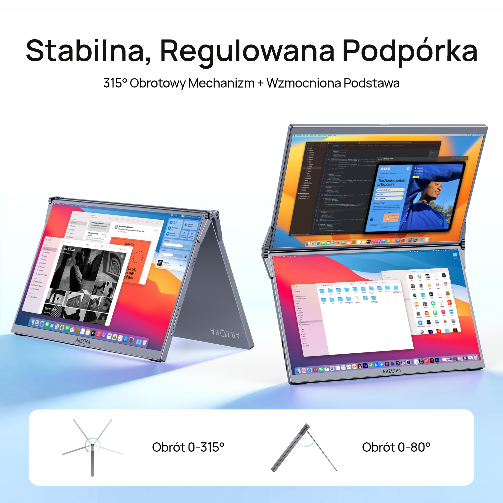 ARZOPA 15,6 cali Podwójny Ekran Przenośny Monitor, 100% sRGB FHD 1920x1080, Rozszerzenie Laptopa z Dwoma Ekranami, Typ-C/HDMI, Głośniki, Etui, do Laptopa/PC/Switch/PS5/Telefonu-E1
