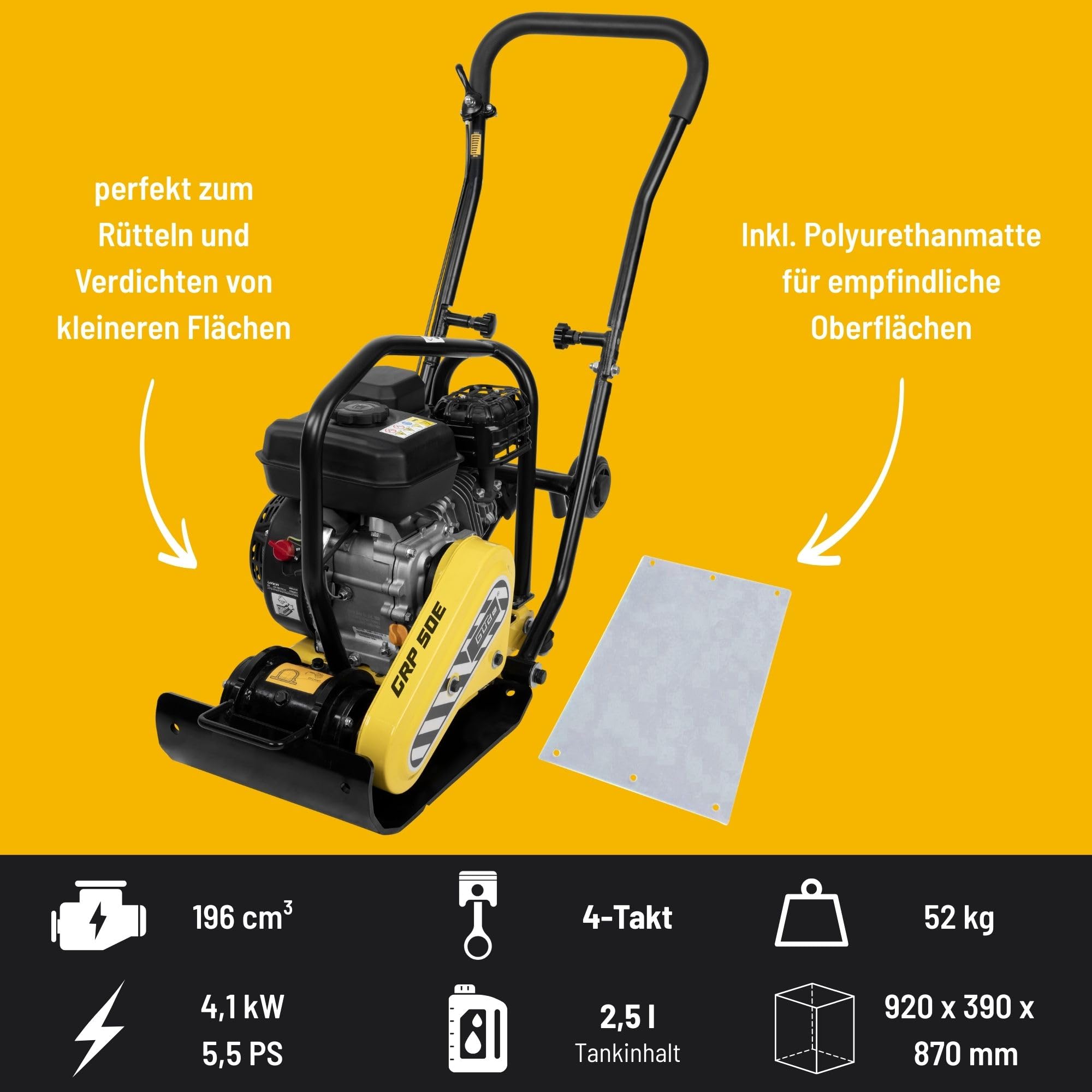 Güde GRP 50E Rüttelplatte - 4-Takt-Motor, 196 Kubikzentimeter Hubraum, 4,1 Kilowatt, 5,5 PS, 43 x 30 Zentimeter Arbeitsplatte, 8,5 kN Verdichtungsdruck, 20 m/min Vorlauf, Polyurethanmatte, Fahrwerk
