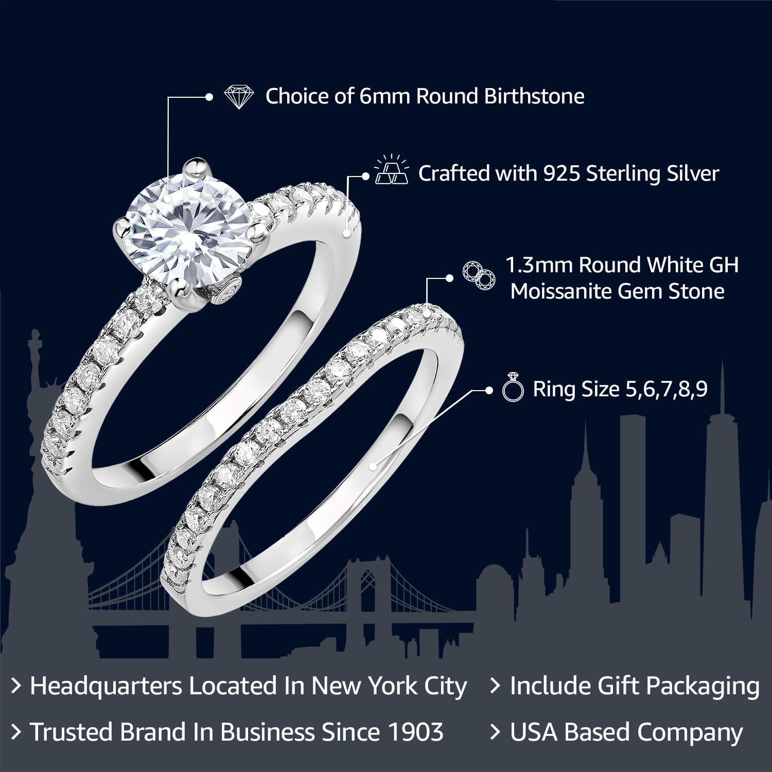 Gem Stone King 925 Sterling Silver Customized and Personalized Round Gemstone Birthstone and White Moissanite Wedding Engagement Ring Band Bridal Set For Women