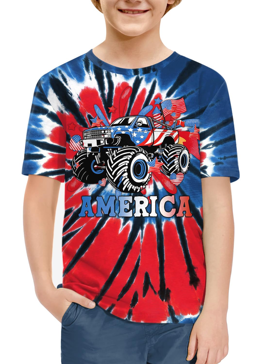 BesserBay Unisex Kids 4th of July American Flag Tee Tie Dye Patriotic Short Sleeve Shirt 6-14 Years