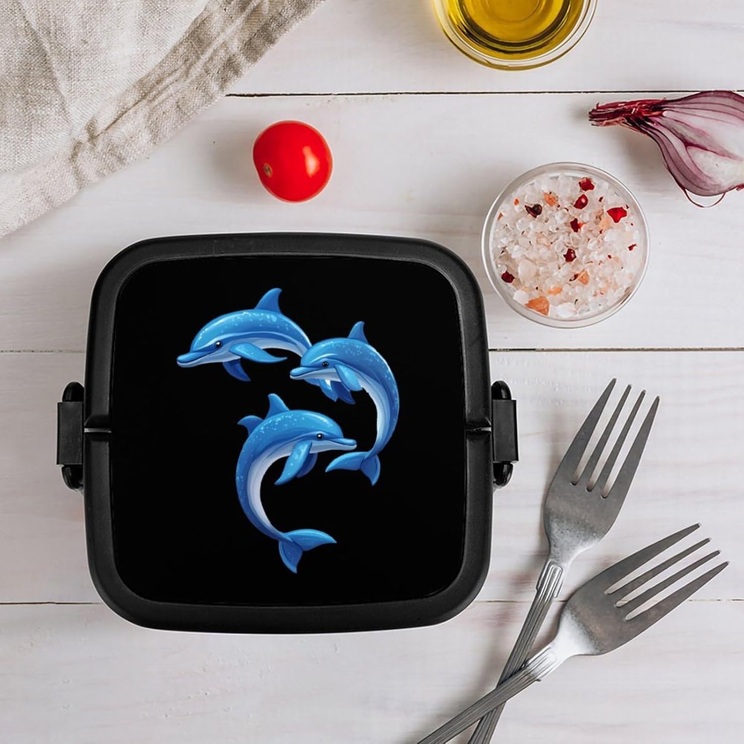 Dolphin Bento Box with Spoon 2 Layer Food Container Cute Lunch Box for Travel Dining Work