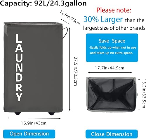 Miniatura 4 de Cesta de lavandería extra grande de 92L con asa de cuero, cesta de lavandería que se mantiene en pie con ruedas, cesta de lavandería con ruedas