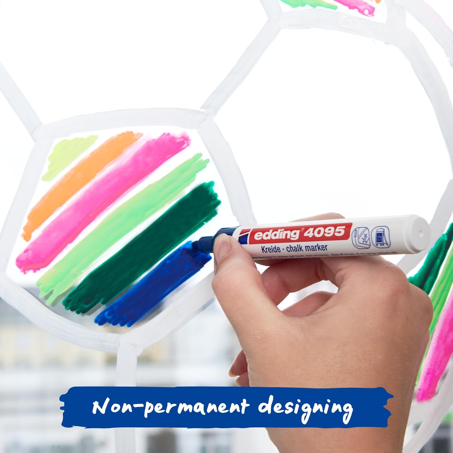 edding 4095 chalk marker pen set - white - 5 chalk pens - round tip 2-3 mm - medium-tipped wet wipe pen for chalkboards, windows, glass, mirrors - liquid chalk marker pens for opaque coverage