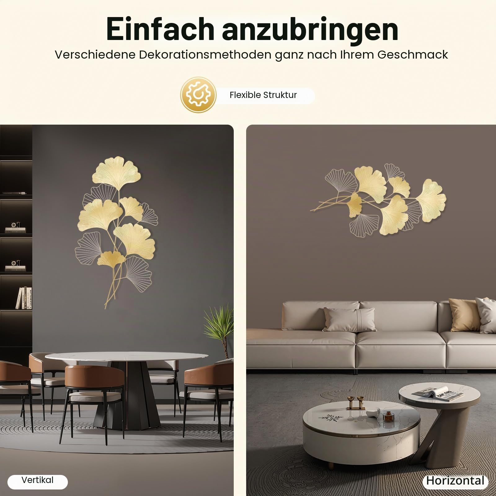 PBTERDTF Wanddeko Metall Gingko 3D Blätter Wandbild GoldWanddekoration Wohnzimmer Dekoration Wand Dekor aus Eise für Wohnzimmer Schlafzimmer Esszimmer (109x55cm)