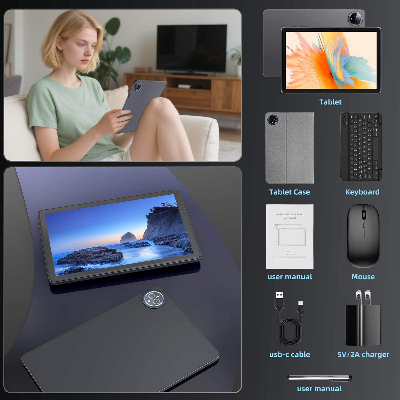 Tablet Android 15 de 10 pulgadas, 24 GB de RAM 128 ROM, tabletas con funda para teclado, lápiz capacitivo, 1 TB expandible, Octa-Core 6000 mAh, 1280 x 800 IPS HD, WiFi 5G, CPU T615, alto rendimiento 7