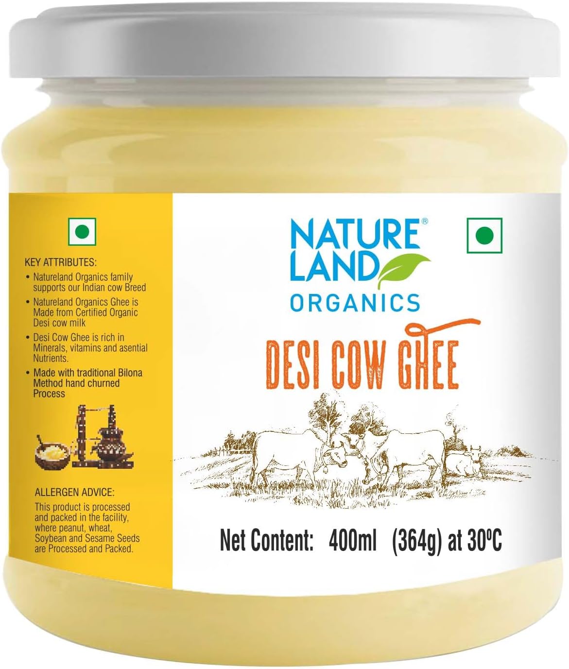 - Natureland Organics Premium Cow Ghee 400 Ml - 100% Organic Indian Desi Cow Ghee