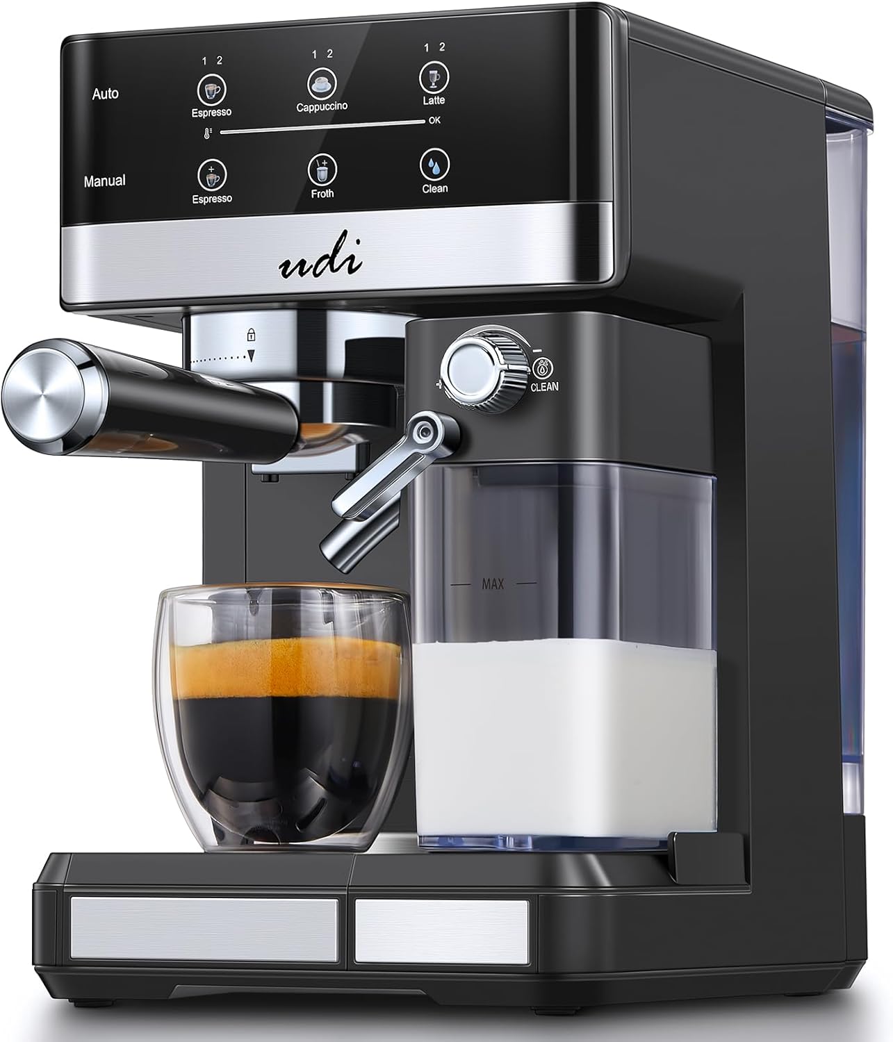 UDI Espresso Machine, 20 Bar Automatic Cappuccino & Latte Coffee Maker, Auto or Manual Quick Brew Dual Boiler, Touchscreen Espresso Maker (Black+Sliver)