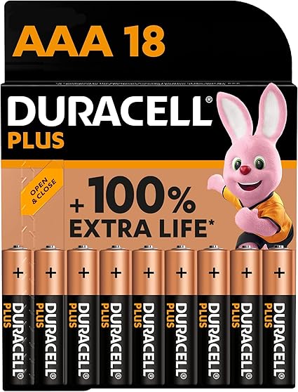 Las pilas Duracell Plus AAA ofrecen hasta un 100 % de duración extra, son fiables para dispositivos cotidianos, vienen en un embalaje sin plástico y tienen una durabilidad de hasta 10 años en almacenamiento.