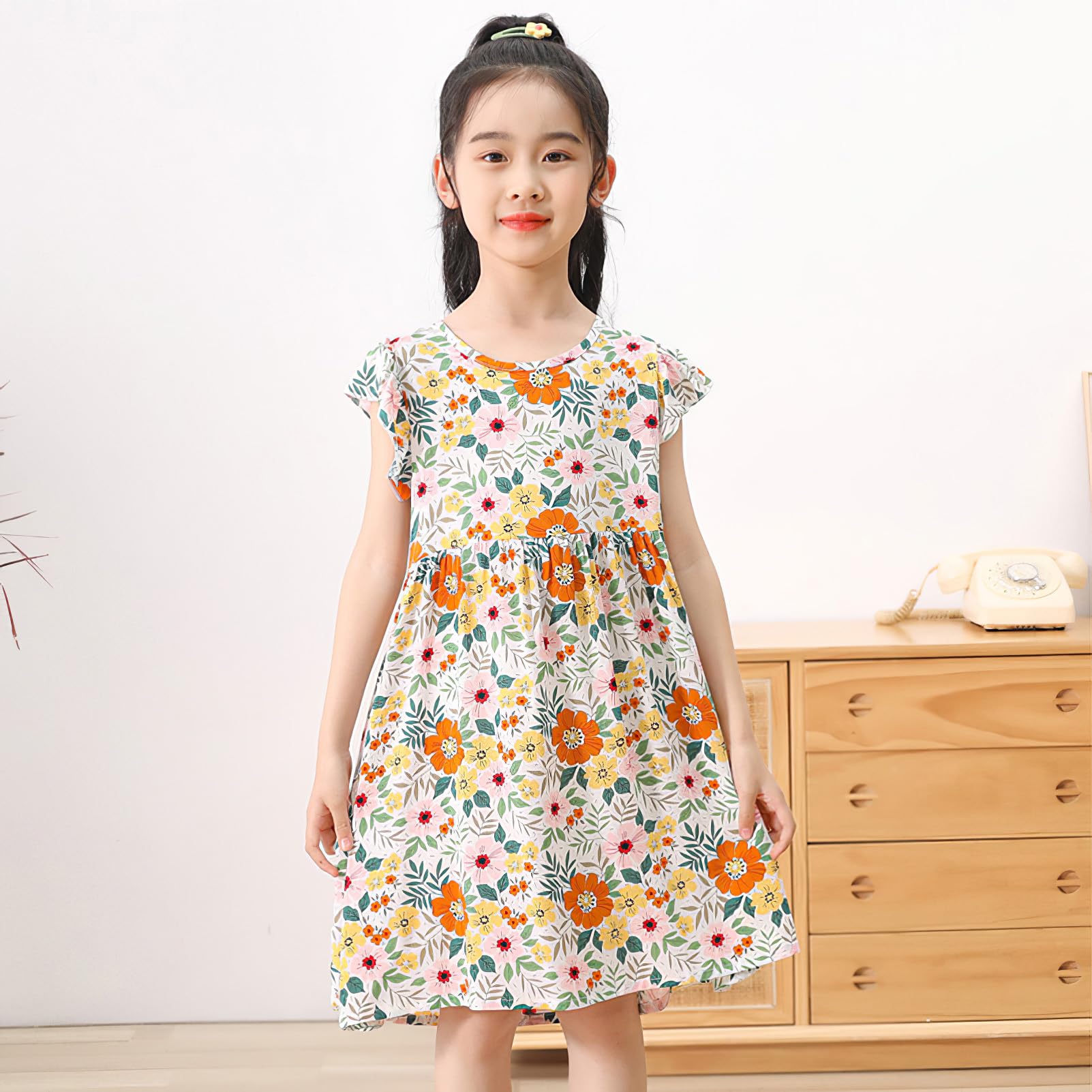 amropi Lot de 3 Robe Fille Fleurs Imprimée Coton Manches Volantes Casual Été Robe pour 1-12 Ans