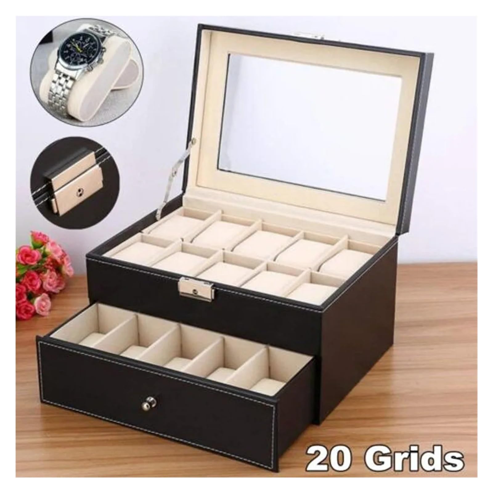 Vitrine for 20 Uhren, Uhrenbox aus PU-Leder, Organizer, Aufbewahrungsbox for Herren- und Damenkollektion, Schmuckaufbewahrung zur Aufbewahrung von Uhren