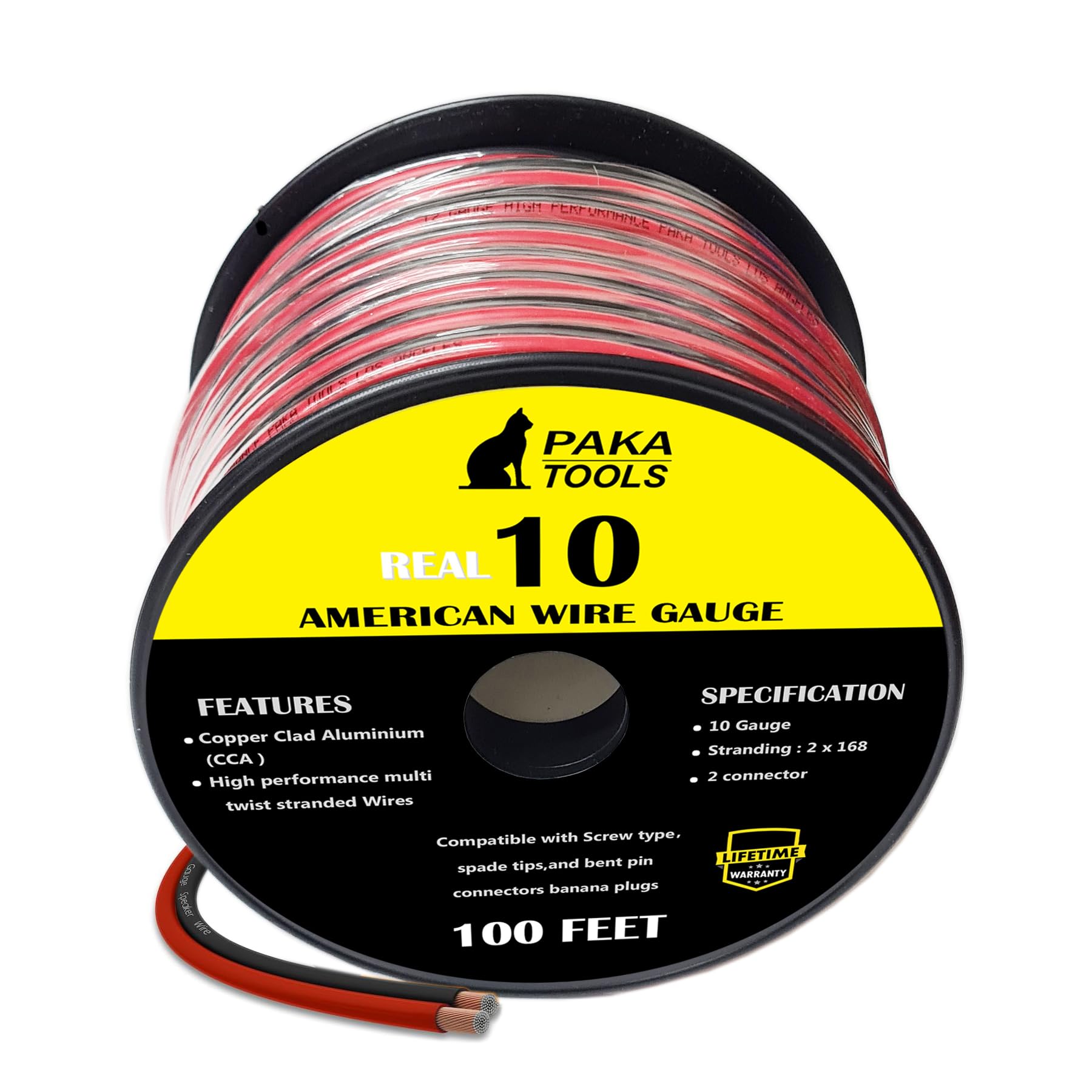 PAKA TOOLS Speaker Wire (100 Feet), Copper Clad Aluminum, CCA Thick Gauge Copper Wire for Stereo, Surround Sound, Home Theater, Radio (Black/Red, 100 Feet,one Spool) (10 Gauge)