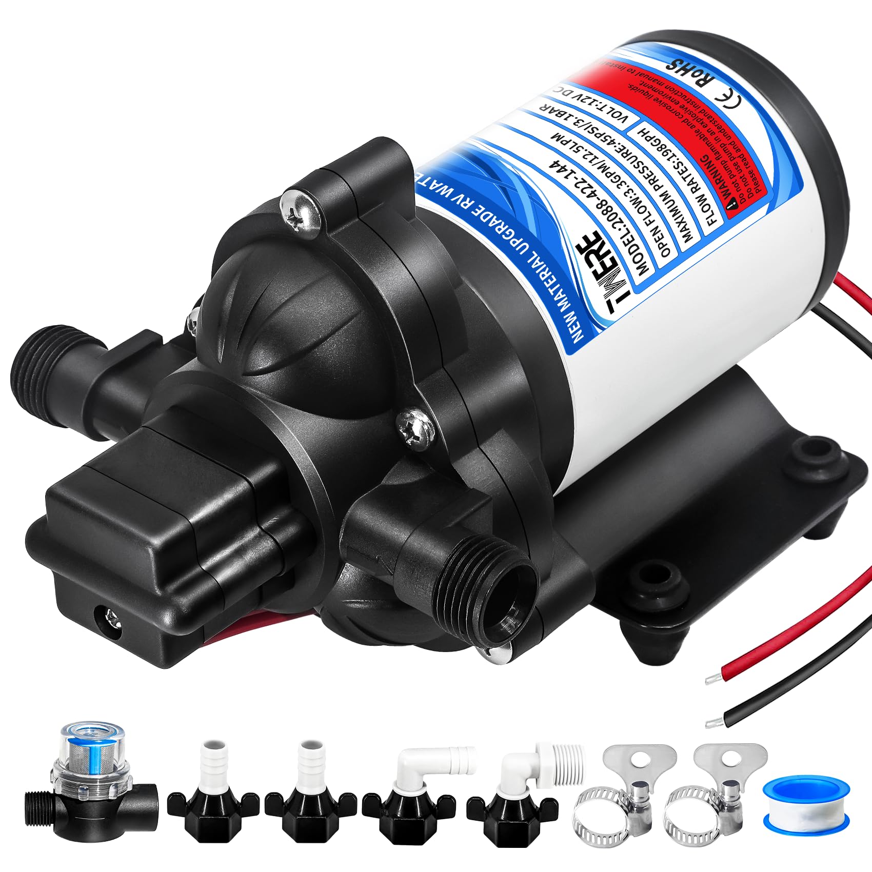 12V RV Water Pump,2088-422-144 Diaphragm Pump,45 PSI 3.3 Gallons Per Minute Fresh Water Pump with 1/2MNPT Connection for Agricultural Spraying RV Marine Yacht-Chemical Corrosion Resistant