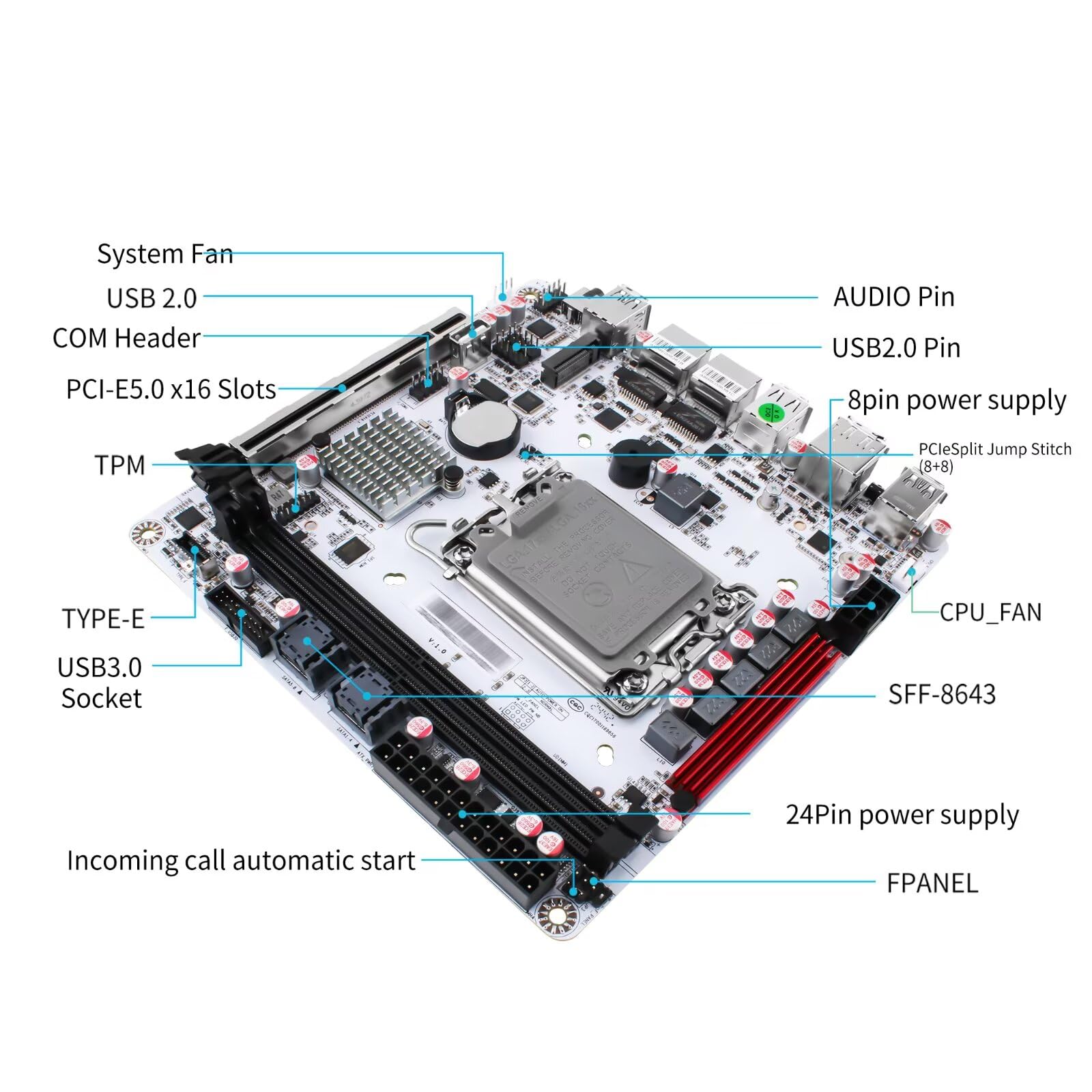 LGA 1700 Mini ITX Mainboard Q670, 8 Bay NAS Motherboard 3 x M.2 NVMe, 8 x SATA3.0 Board DDR5 with i226-LM 2.5GbE, PCIe5.0x16, USB C, Audio Port, Barebone NO RAM/SSD/OS
