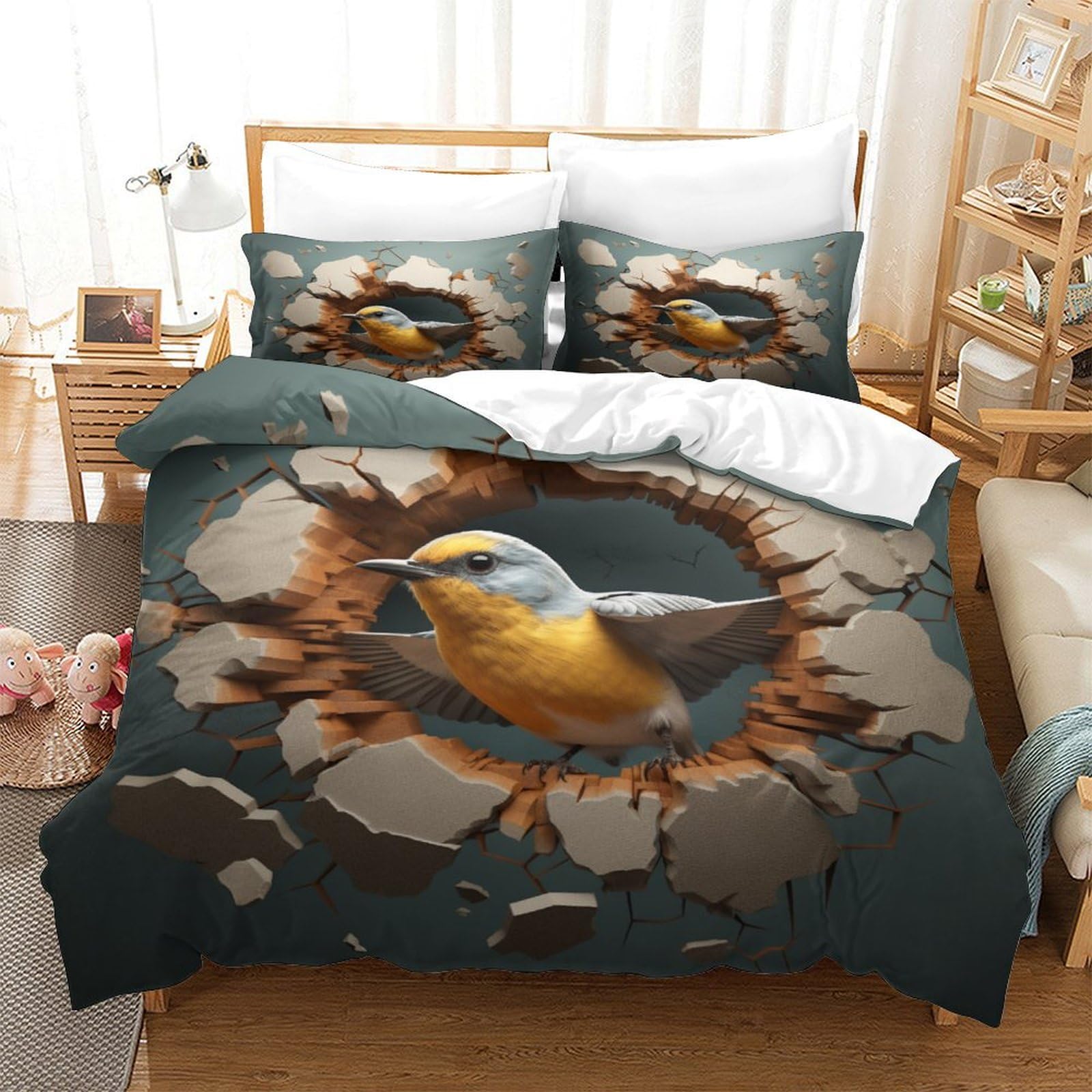P1S9U7W5Y Realistic Hole Bird 3D Printed Microfiber Duvet Cover Set 3 Pieces for Adults Bedroom Decor Broken Stone Bird Bedding Set Breathable King（220x240cm）